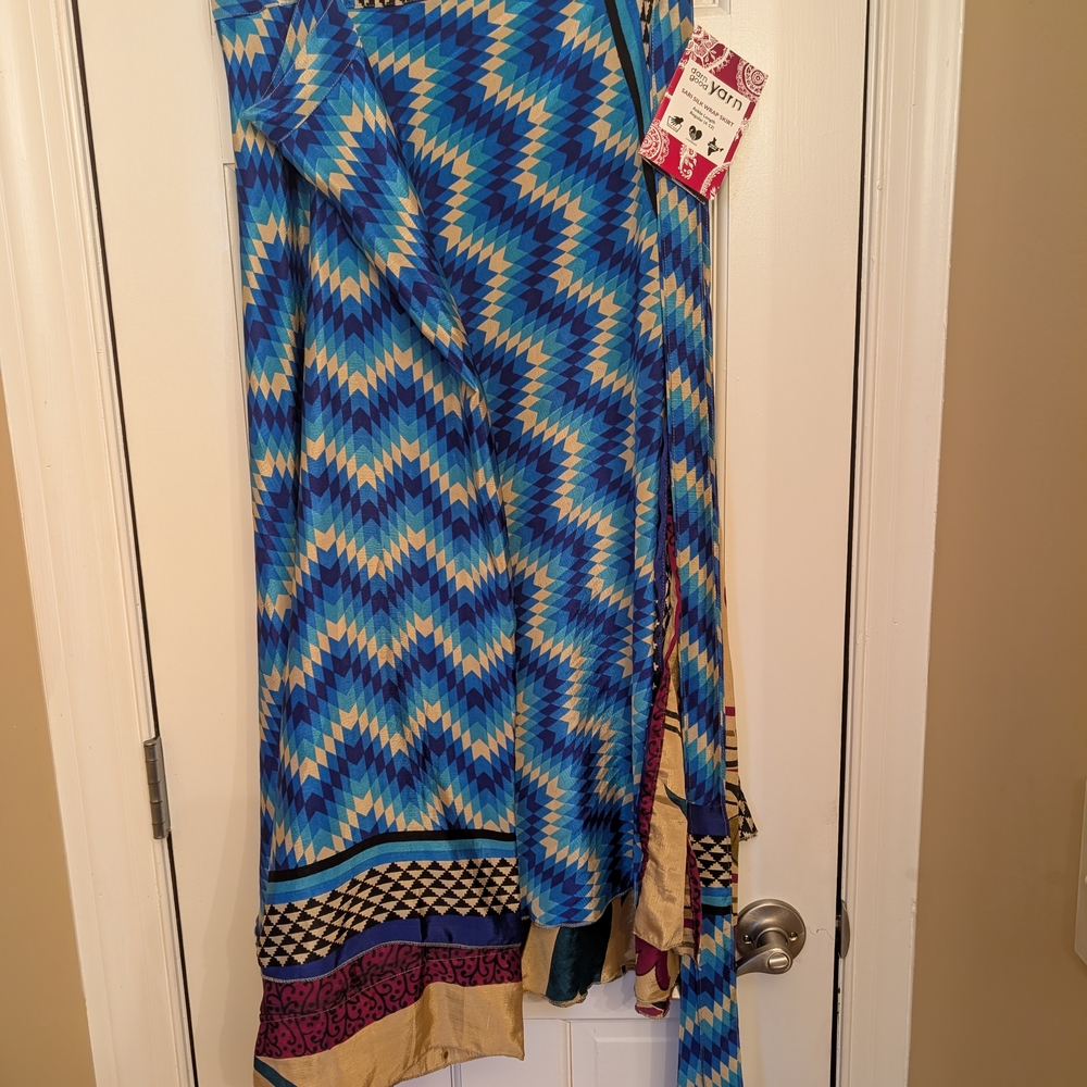Vibrant Blue and Yellow Chevron Patterned Sari Wrap Skirt